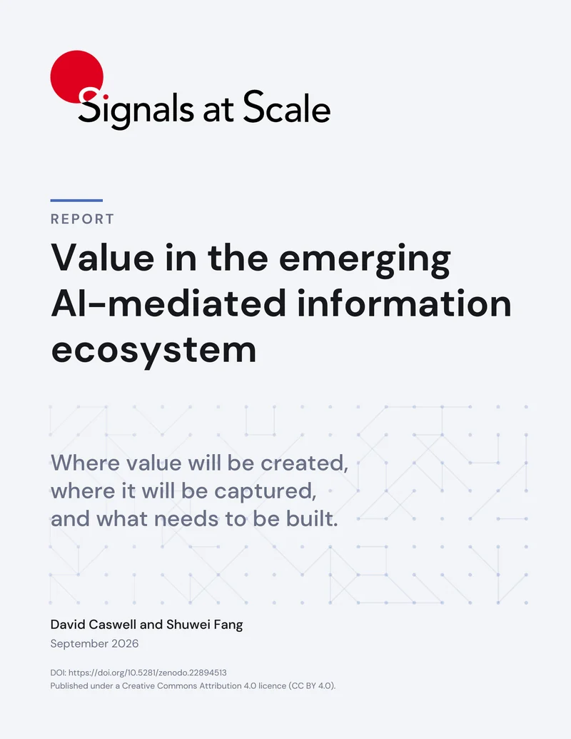 Cover of the Signals at Scale report: Value in the emerging AI-mediated information ecosystem, by David Caswell and Shuwei Fang, September 2026